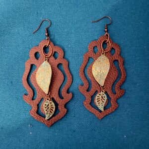 Brown Faux Leather and Patina Brass Leaf Earrings