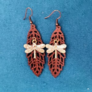 Faux Leather Leaf and Patina Brass Dragonfly Earrings