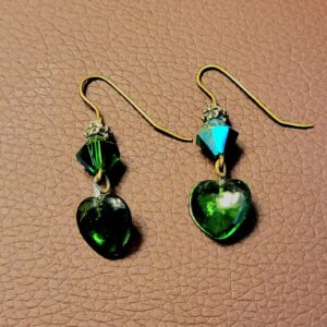 Green Glass Heart and Antique Brass Earrings