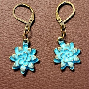 Lotus Flower Earrings -Green Patina Brass